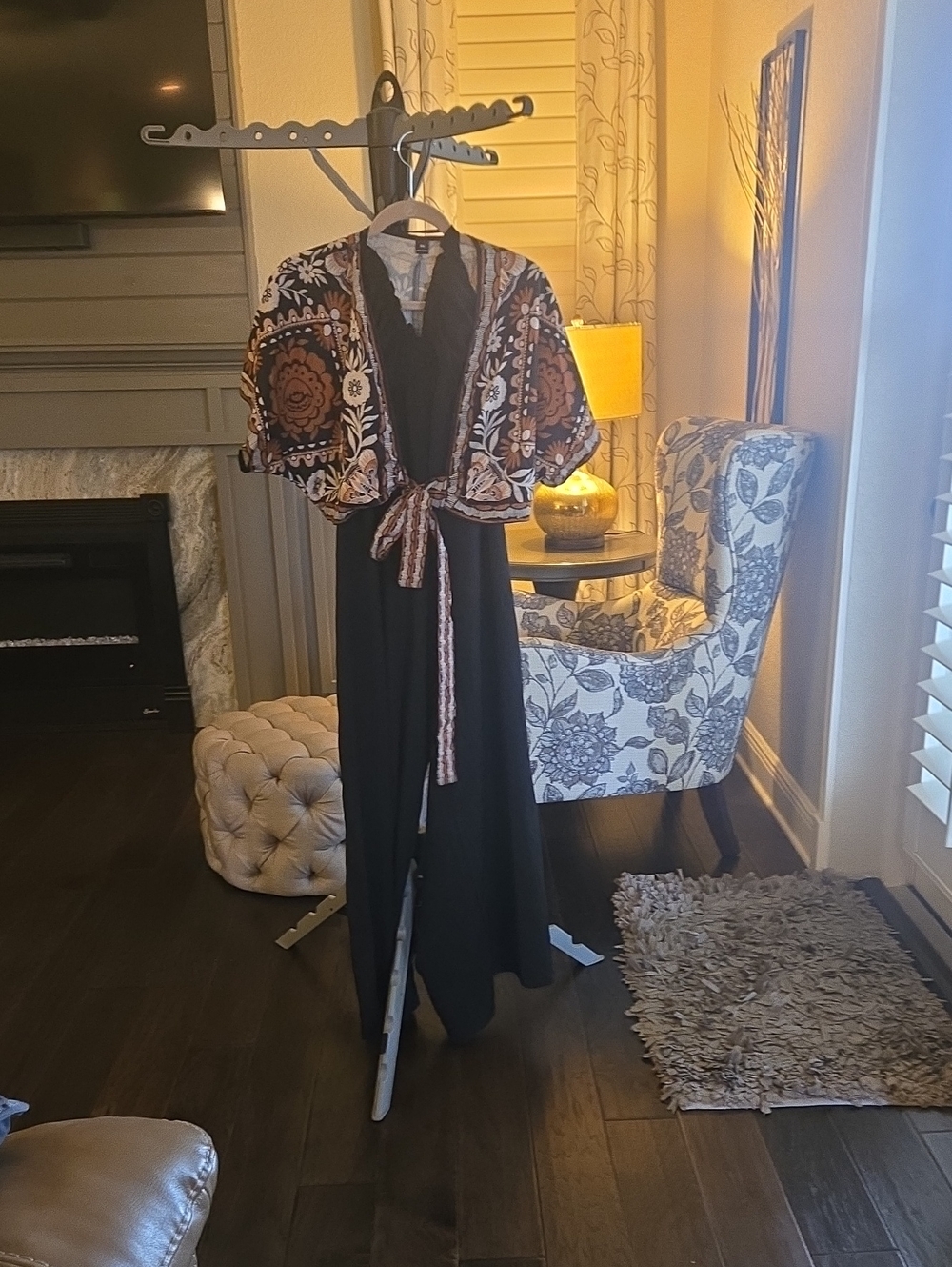 Black Maxi Dress with Embroidered Brown Kimono Tie-Front